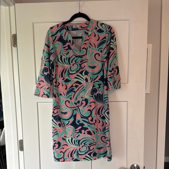Katherine Way Vibrant Pink and Green Patterned Dress sz s - Picture 1 of 6
